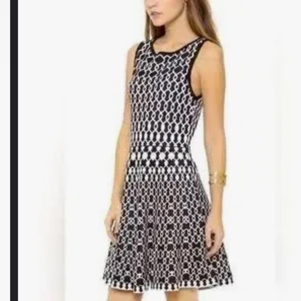 Alice + Olivia Black White Jansley Geometric Print Fit &Flare Pleated Dress - Picture 3 of 8